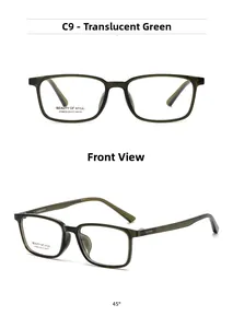 Macro view showing model AT68630 square frame glasses in transparent green resin