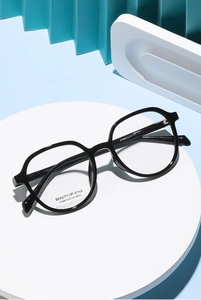 Macro view of black square full-frame glasses with detailed specifications on lens