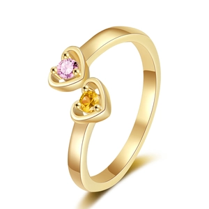 Bague Ouverte Double Cœur Mode Cuivre Avec Zircone Rose Et Jaune Bijoux De Doigt Minimalistes Ajustables Pour Femmes