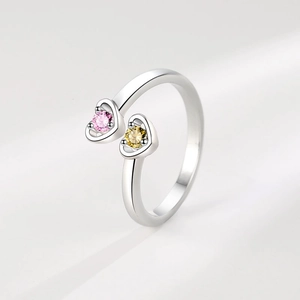 Bague ouverte coeur en argent avec pierres de zircone micro-serties roses et jaunes