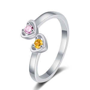 Bague cœur ouverte minimaliste ornée de zircons roses et jaunes au design double cœur