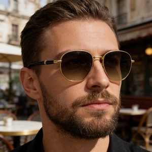 Men's square metal sunglasses with gold frames and brown gradient lenses for outdoor style