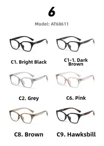 Detailed grid view of six retro cat-eye optical frames in various transparent colors