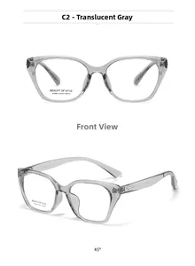 Front and 45-degree views of transparent grey cat-eye frames with model C2 details