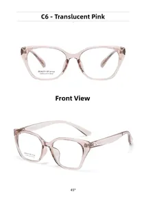 Front and 45-degree angle views of transparent pink cat-eye optical glasses frames