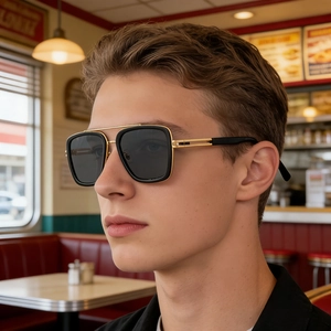 Square Frame Sunglasses Double Bridge UV400 Protection Retro Fashion Metal Plastic Frame Eyewear For Men