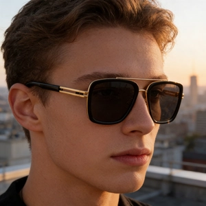 Close-up of square sunglasses with gold metal double bridge and hollow temple detail