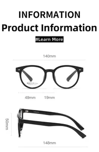 Detailed view of round black optical glasses frame with precise size measurements