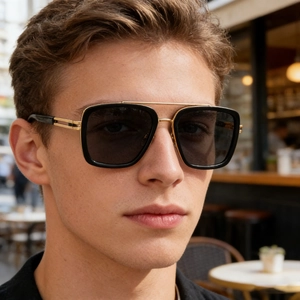 Detailed view of men's square sunglasses with double bridge and gold metal hollow temples