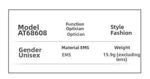 Detailed size and technical specifications for model AT68608 unisex round optical frame