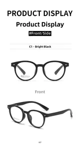 Detailed front and side views of stylish round black frame glasses for women