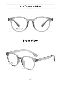 Transparent grey round optical glasses frame front and 45 degree angle detail view