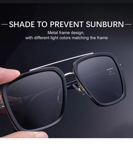 Detailed macro of square sunglasses featuring black frames and a silver double bridge design