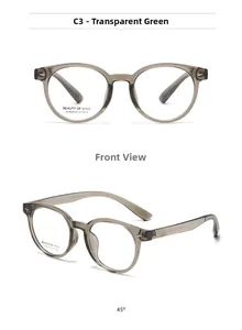 Front and side views of transparent green round optical glasses with metal hinges
