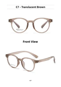 Detailed front and side view of round vintage transparent brown eyewear frames