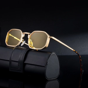 Octagonal gold metal sunglasses with yellow lenses and black leather glasses case