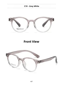 Detail view of round Boston frame glasses in gradient grey and white finish