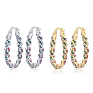 Twisted Hoop Earrings With Multi Color Zircon Rainbow Rhinestones Trendy Copper Spiral U Shape Ear Jewelry For Women