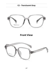 Detailed views of transparent grey square oversized optical frames with metal hinges