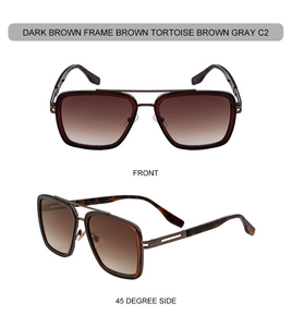 Retro square sunglasses with dark brown frames, tortoise temples and double bridge detail