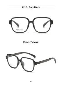 Front and 45-degree views of grey black square optical frames with metal rivet details