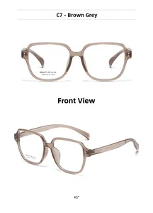 Detail view of stylish square oversized brown grey glasses frames from multiple angles