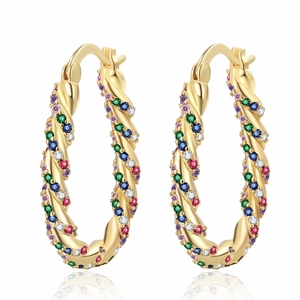 Chic twisted gold hoop earrings with colorful pavé crystals on a clean white background