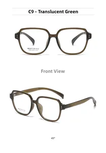 Front and 45-degree views of square transparent green optical frame with metal rivets