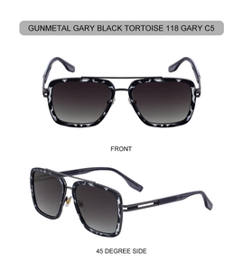 Front and 45-degree side views of gunmetal square sunglasses with gradient grey lenses