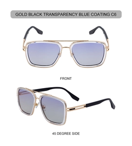 Front and 45-degree side views of gold aviator sunglasses with light blue lenses