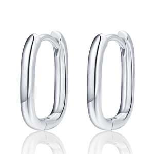 Polished silver U-shaped hoop earrings with a mirror finish on a clean white background