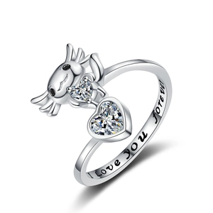 Silver axolotl open ring with heart zirconia and I love you forever engraving