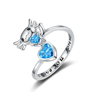 Detail of axolotl ring with blue heart stones and I Love You Forever engraving