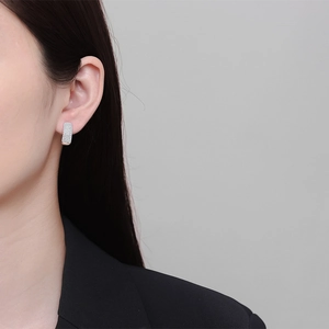 Silver plated rectangular hoop earrings with sparkling micro-pave zircons for women
