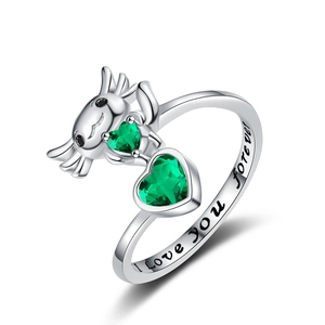 Detail of axolotl ring with green heart zircon and I Love You Forever engraving