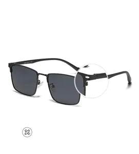Detail view of square metal frame sunglasses with 58mm polarized lenses and dimensions