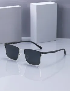 Detailed view of semi-rimless sunglasses with polarized lenses on geometric stone background