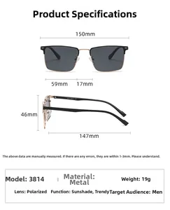 Detailed size specifications and dimensions for men's square polarized metal sunglasses