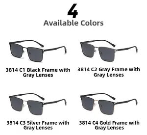 Detailed comparison of four square polarized sunglasses in black, grey, silver, and gold frames