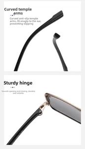 Close-up of durable metal hinges and curved non-slip temples on square polarized sunglasses