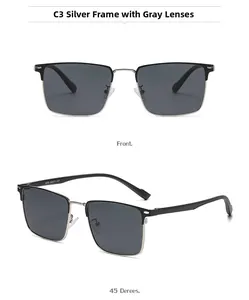 Close-up of silver metal browline sunglasses with gray polarized lenses and frame specs