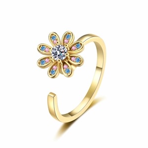 Rotating daisy flower open ring in gold with colorful zircon stones for women