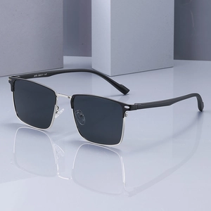 Classic square polarized sunglasses for men with black and silver metal frame for driving