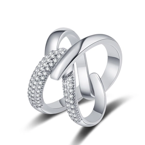Polished X-shape crisscross ring with micro-paved sparkling crystals in silver finish