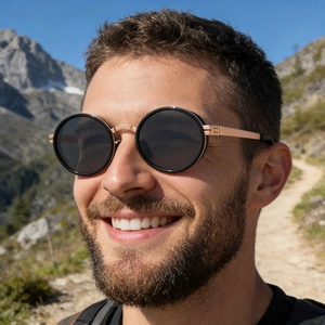 Detail of man wearing retro oval polarized sunglasses with mountain background