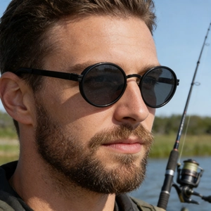 Men's retro oval polarized sunglasses with black matte frame for outdoor driving and fishing
