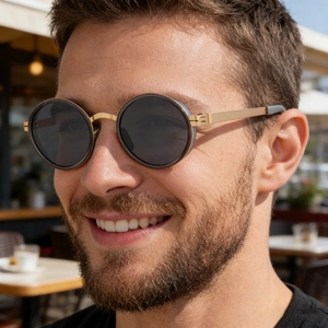 Close-up of retro oval polarized sunglasses with gold metal frame on a male model
