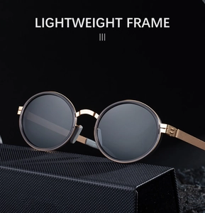 Close-up of vintage metal sunglasses with polarized lenses and a lightweight frame