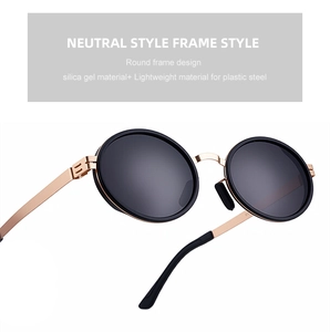 Detailed view of oval polarized sunglasses featuring lightweight plastic steel frame and pads