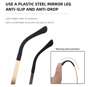 Detail view of flexible plastic steel sunglasses arm with non-slip black temple tips
